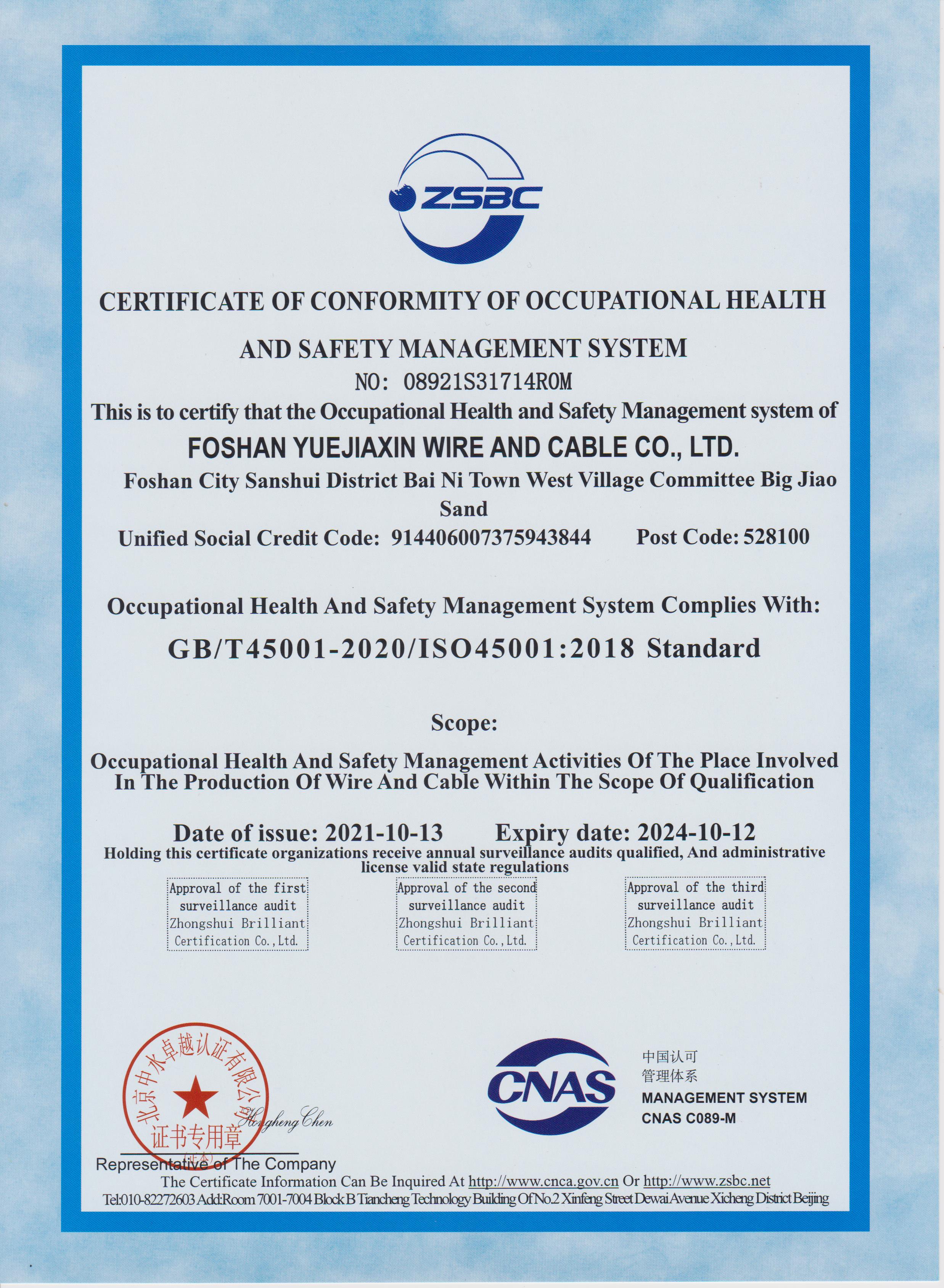 職業(yè)健康安全管理體系認(rèn)證證書（英文）