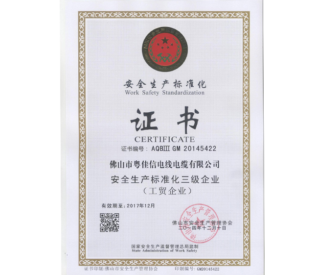 安全生產(chǎn)標(biāo)準(zhǔn)化三級(jí)企業(yè)證書